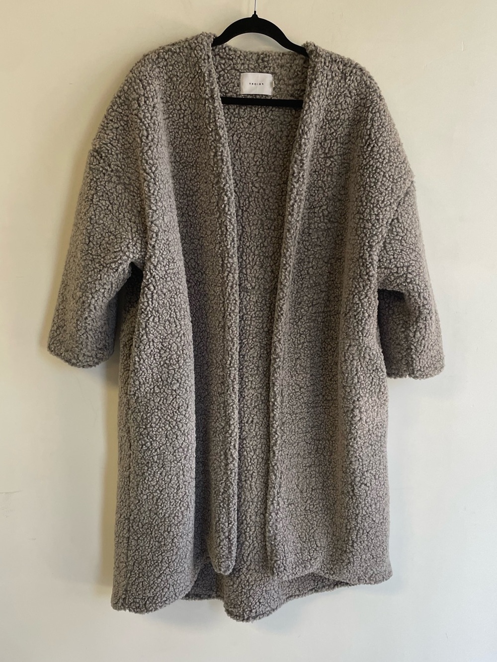 PRIORY Gray Sherpa Open Cardigan Sweater S/M Oversized Longline Minimalist